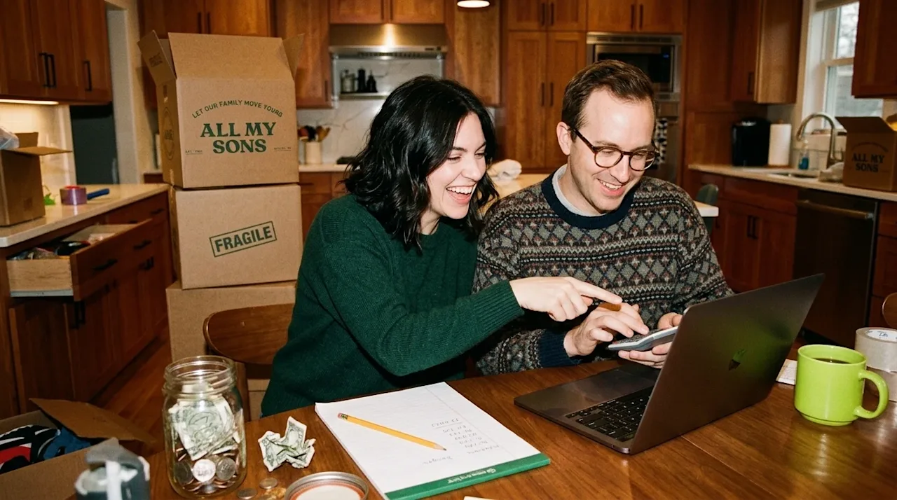 A smiling couple sits at a wooden table in their kitchen, calculating moving expenses using a laptop and notepad.
