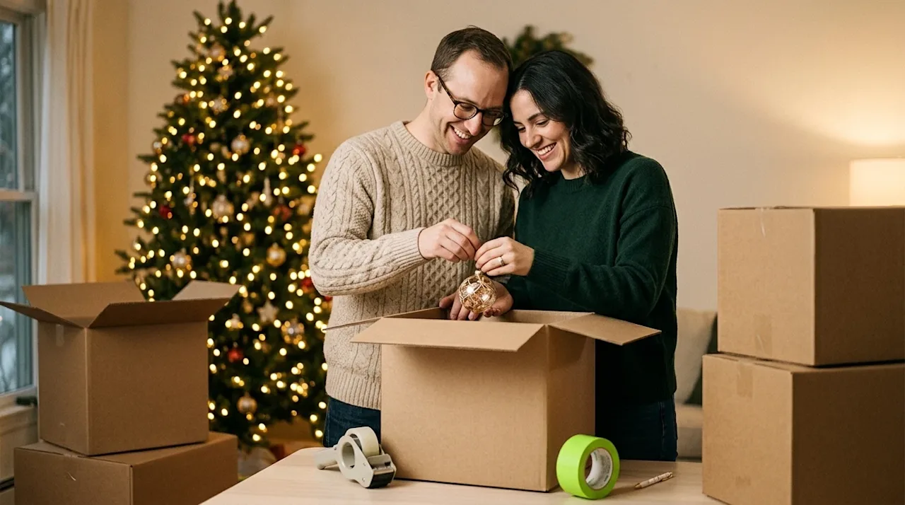 Clear, professional marketing photography of a smiling couple packing their home during the holidays. They are carefully plac