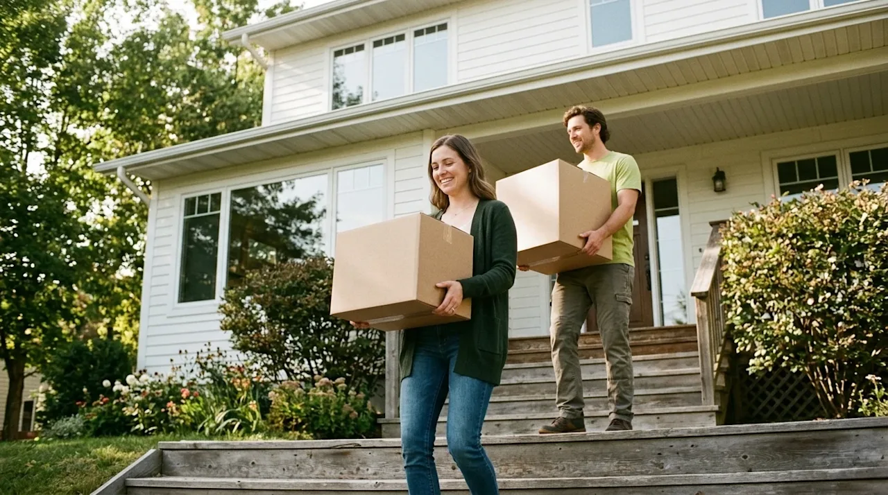 A candid, authentic lifestyle photograph of a joyful young couple carrying unbranded kraft brown moving boxes as they walk up