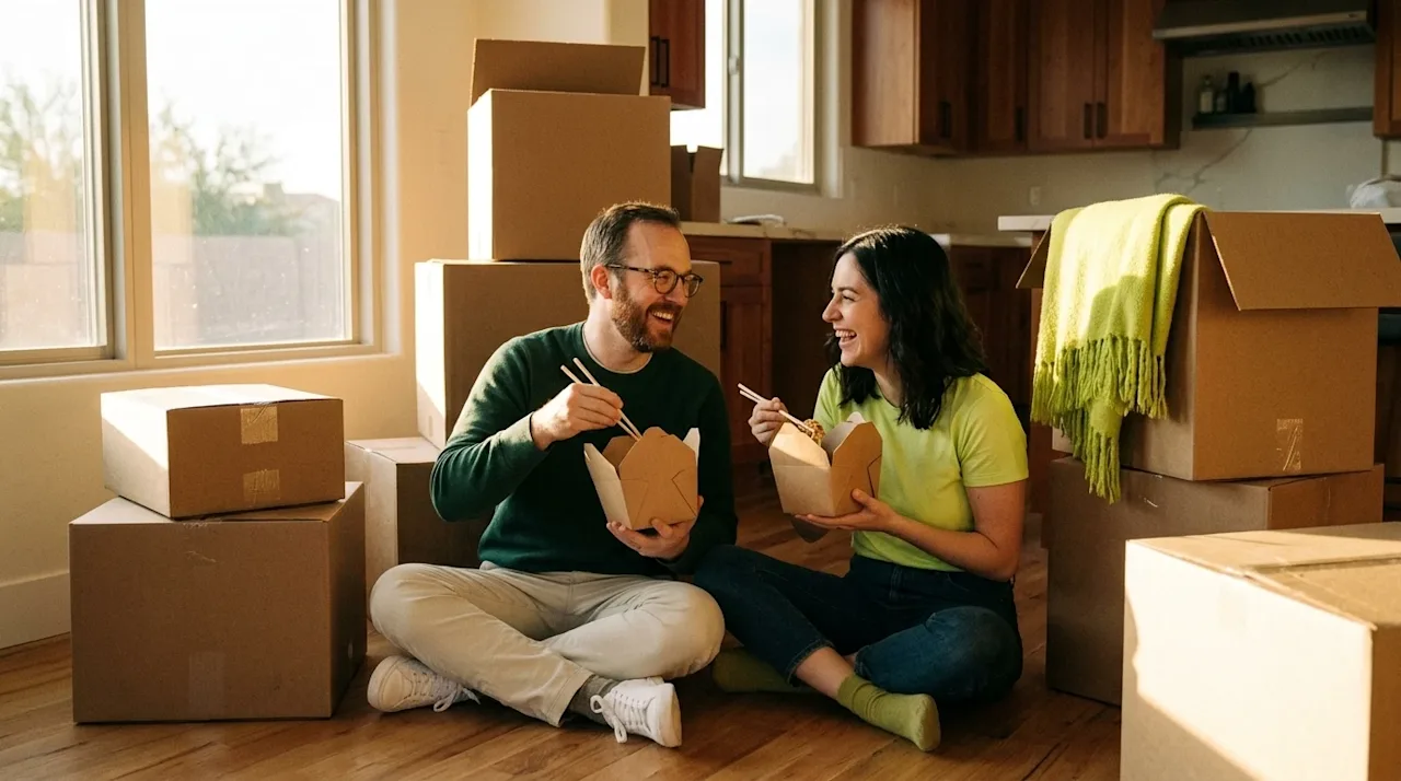 Candid lifestyle photography of a happy couple taking a break from unpacking, sitting on the floor of their new home eating f