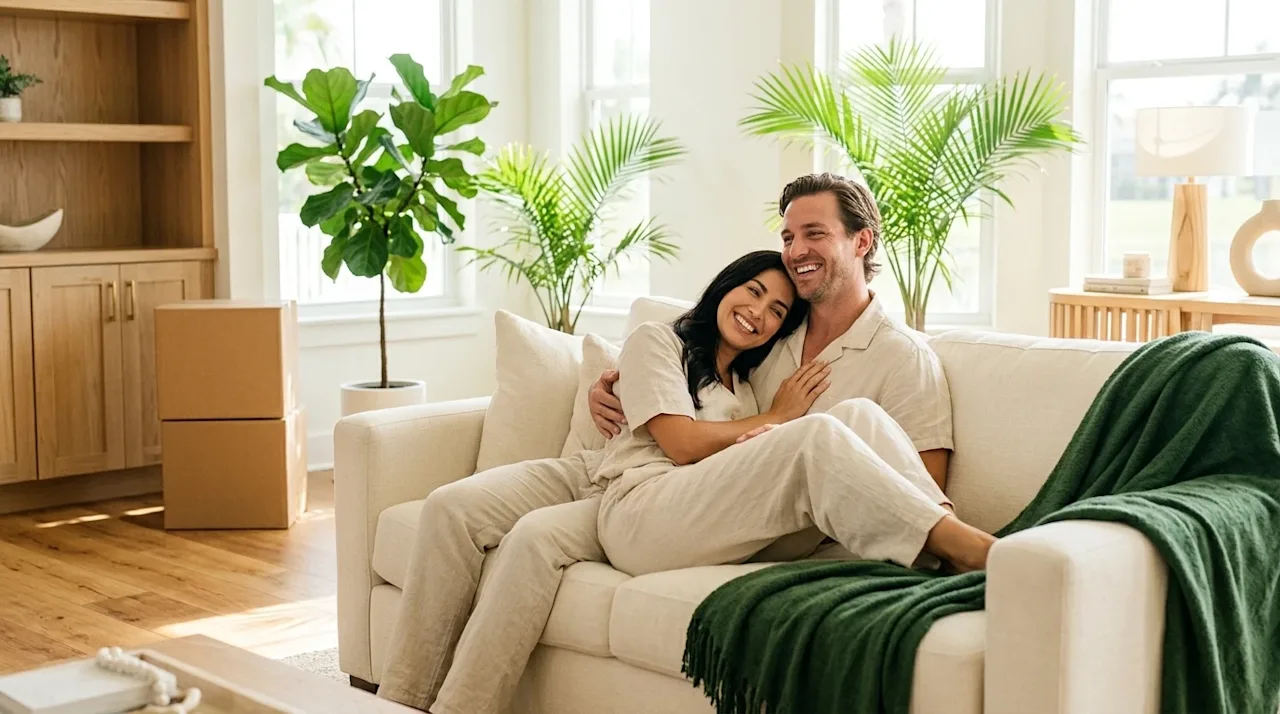 Clear, professional marketing lifestyle photography of a smiling, deeply relaxed couple lounging on a cream-colored sofa in a