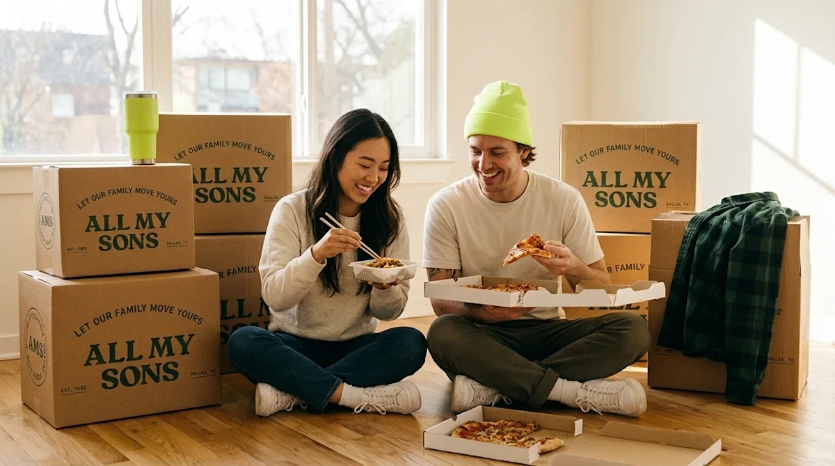 Candid, warm lifestyle photography of a smiling couple taking a meal break on moving day, sitting cross-legged on the hardwoo