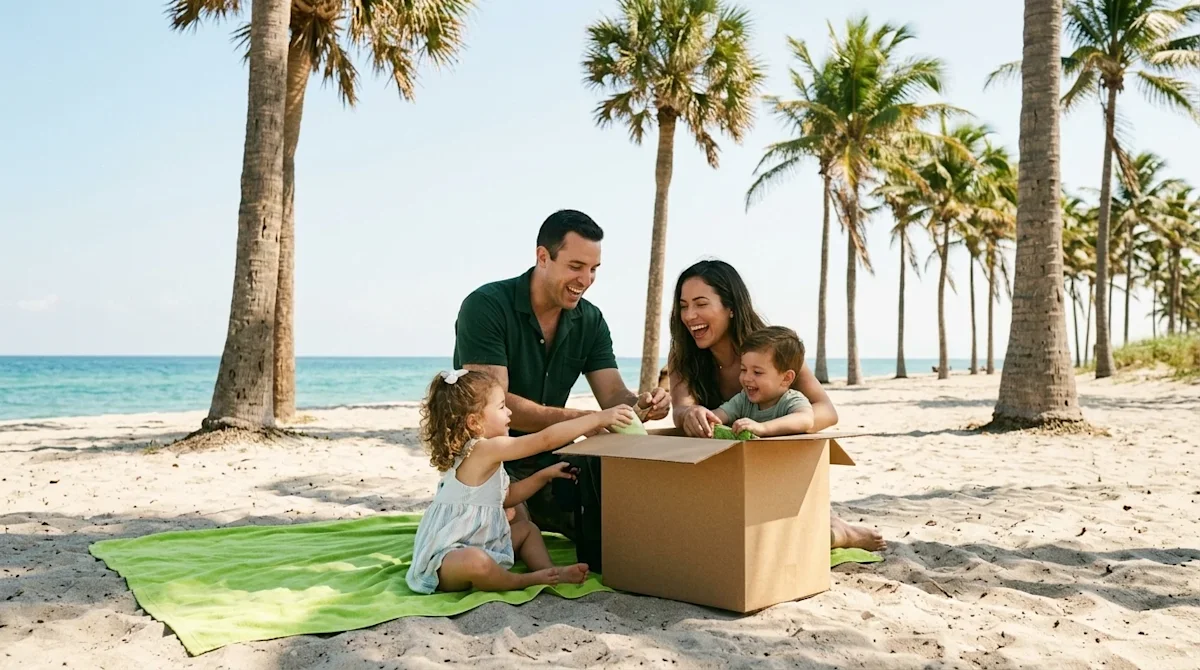 Professional lifestyle marketing photography, a candid and joyful shot of a family enjoying a sunny day at a beautiful beach