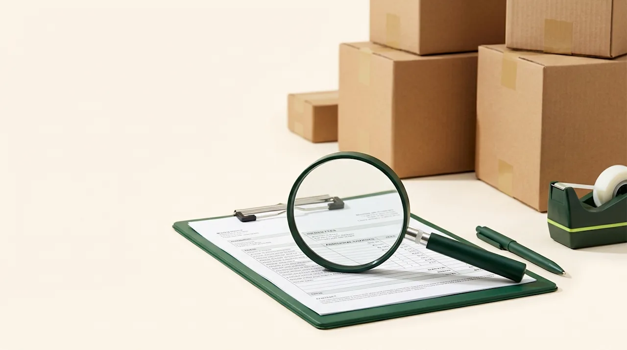 Magnifying glass inspecting a moving invoice on a green clipboard with stacked boxes, representing hidden fee transparency.