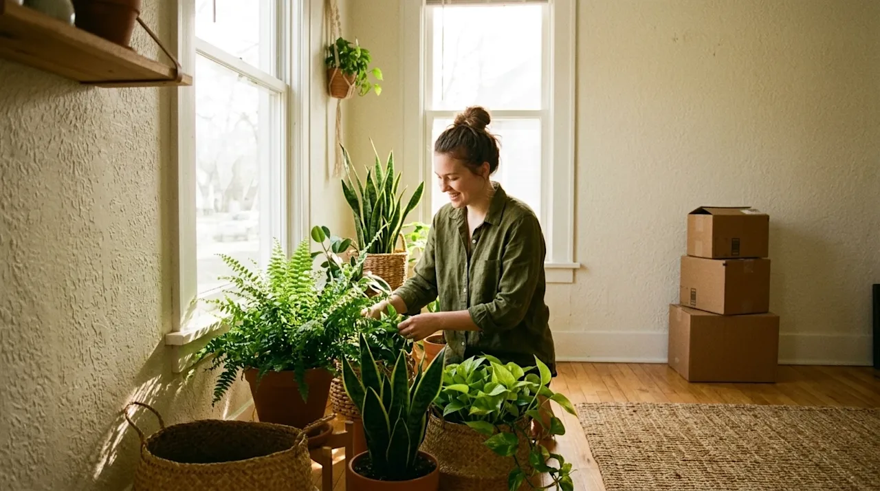 A candid 35mm film lifestyle photograph of a sunlit, cozy living room in a Midwestern home, emphasizing an eco-friendly and "
