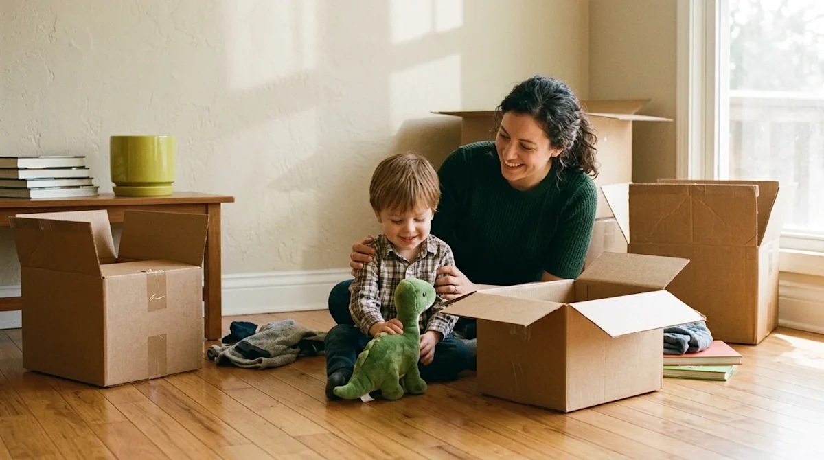 Candid lifestyle photography shot on 35mm film, warm and slightly nostalgic aesthetic. A smiling young child and a parent sit