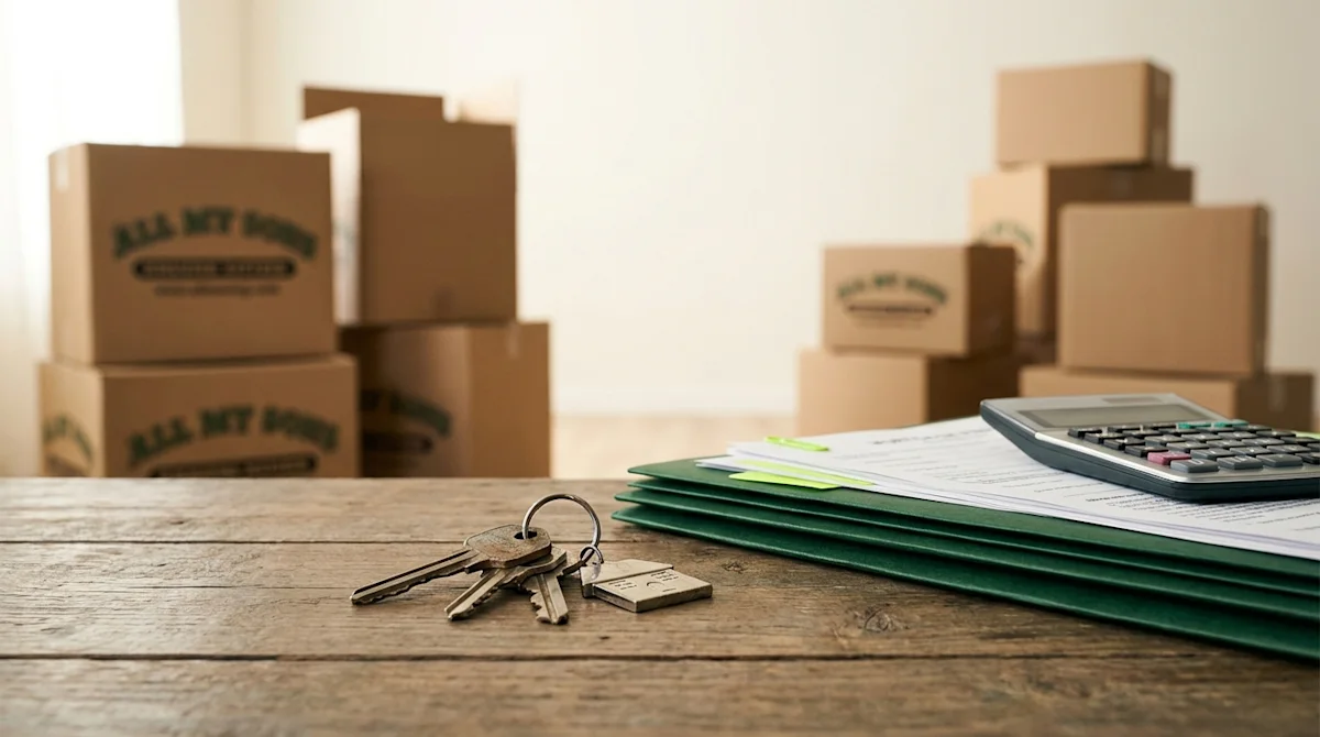 House keys on a table with mortgage documents and All My Sons moving boxes in a blurred living room.