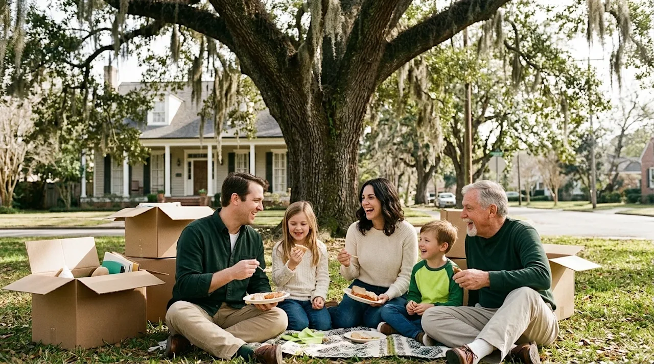 A candid, warm, 35mm analog-style photograph of a happy family taking a break from moving, enjoying a sunny afternoon under a