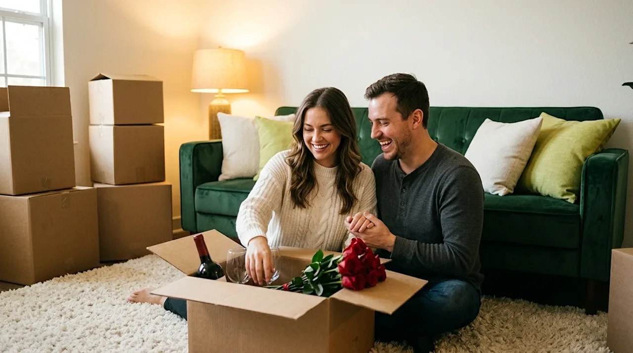Candid lifestyle photography of a romantic couple celebrating a cozy Valentine's Day in their new home. They are sitting on a