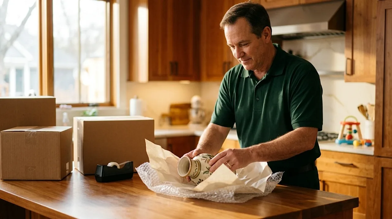 A high-quality, candid lifestyle photograph of a professional mover carefully wrapping a delicate ceramic vase with packing p