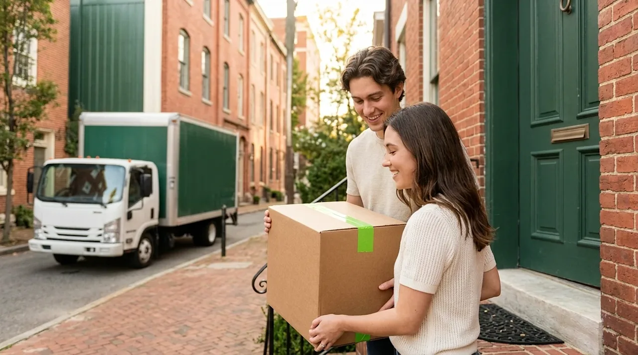 High-quality lifestyle photography of a DIY move to Richmond, Virginia. A smiling young couple is carefully carrying a sturdy