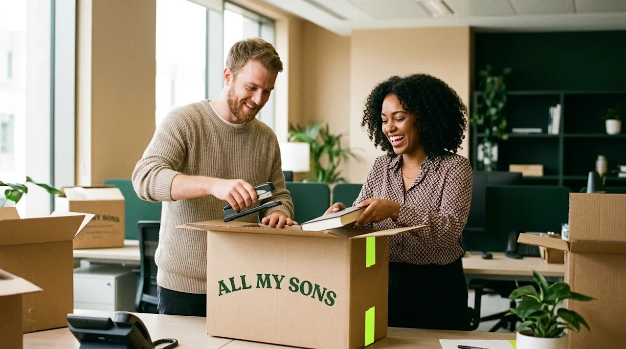 Candid lifestyle photography of office employees cheerfully adjusting to a new workspace after a corporate move. A diverse ma