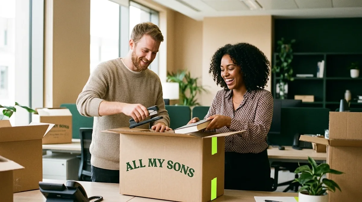 Candid lifestyle photography of office employees cheerfully adjusting to a new workspace after a corporate move. A diverse ma