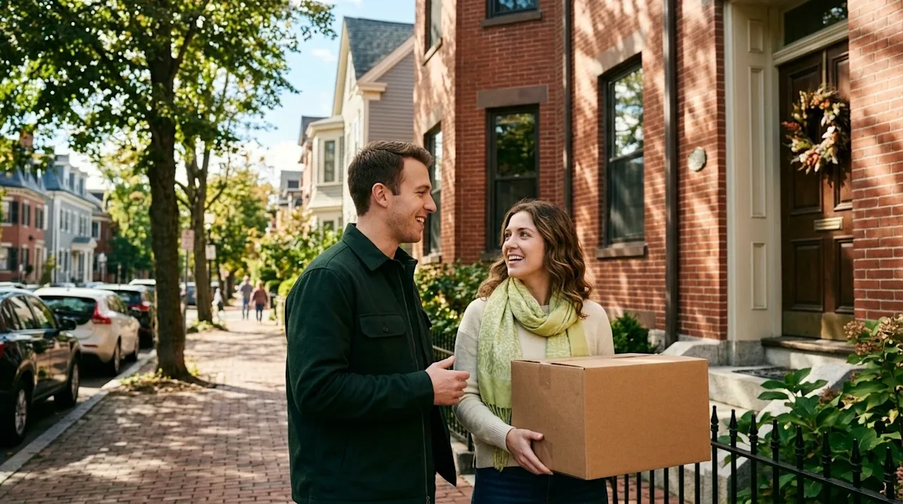 Candid, warm lifestyle photography of a young professional couple in their late 20s standing on a sidewalk outside a charming