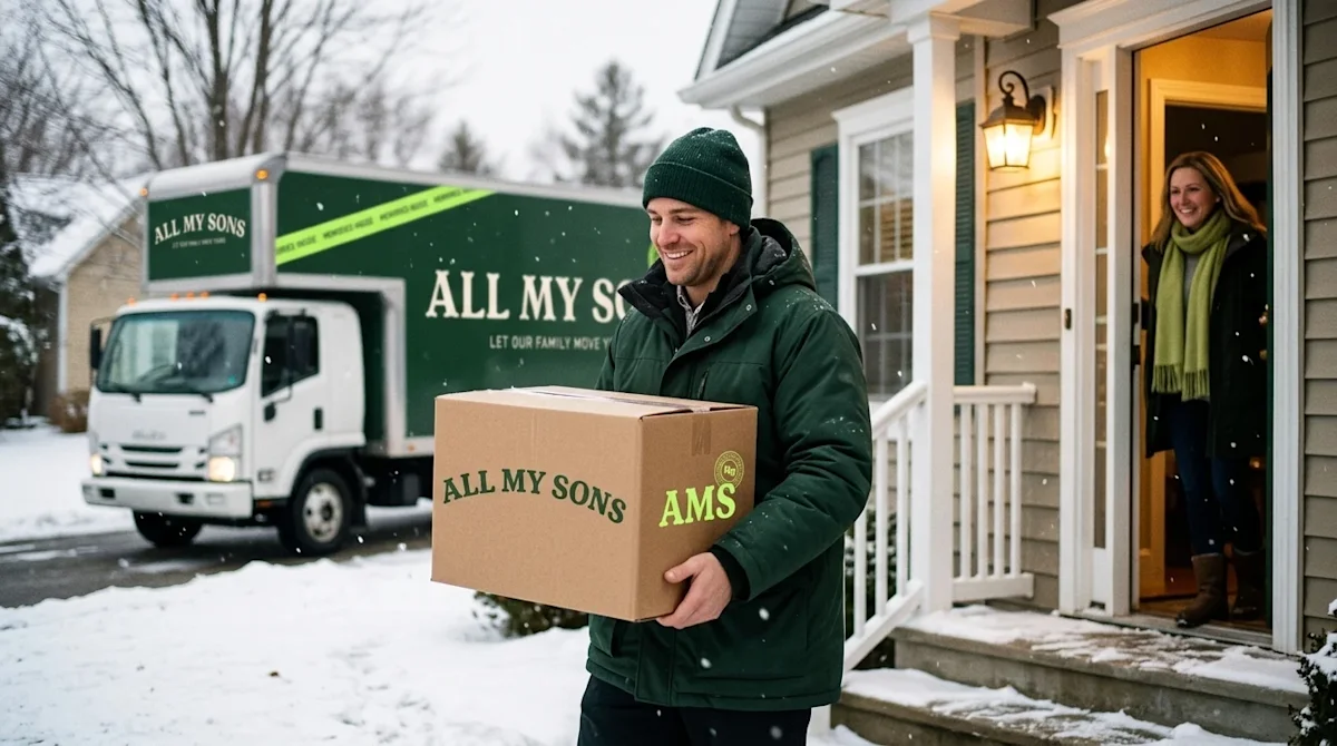 Professional lifestyle marketing photography of a stress-free winter move. A friendly professional mover wearing a dark fores