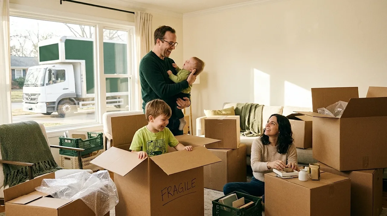 Candid lifestyle photography of a family moving day. Parents and two young children are playfully interacting in a bright, pa