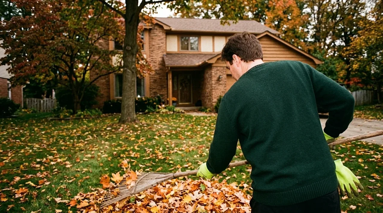 Candid 35mm film photography of a person doing fall yard work on a grassy lawn. They are actively raking colorful orange and