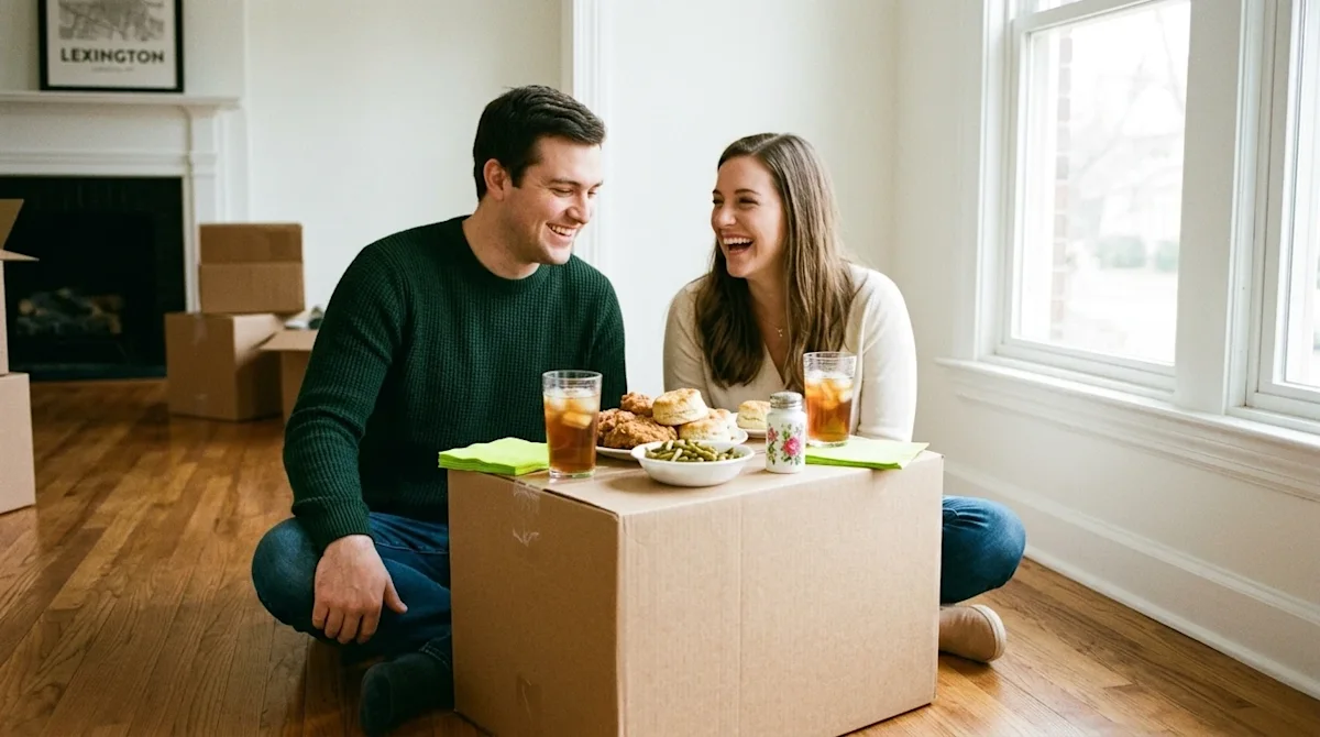 Candid lifestyle photography shot on 35mm film. A warm, inviting scene of a smiling couple taking a break from unpacking in their new home.