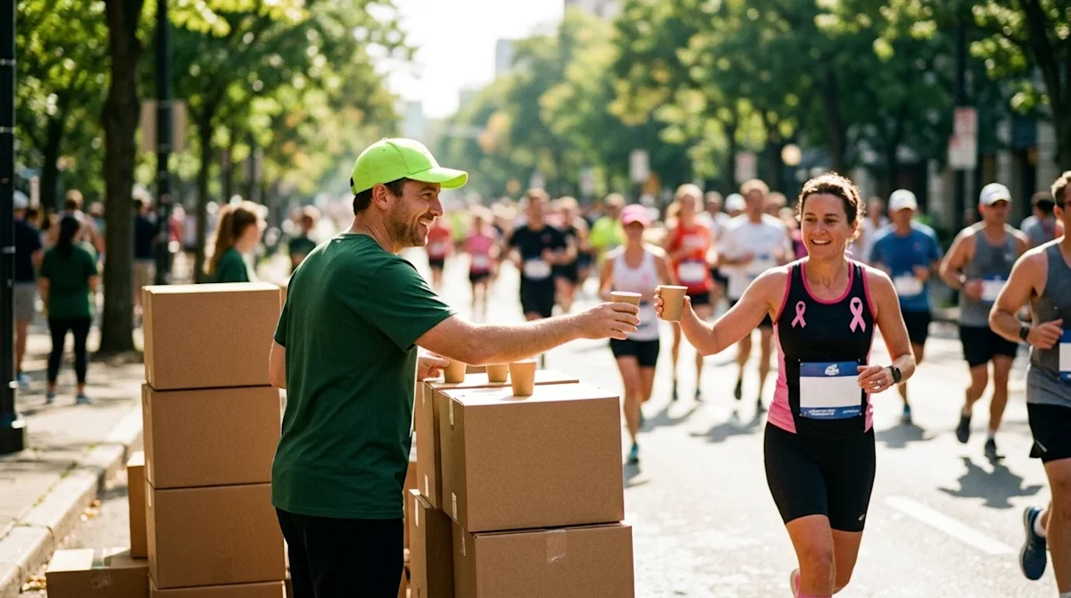 Candid, warm, 35mm film lifestyle photography of a sunny outdoor marathon event. A friendly community volunteer wearing a sol