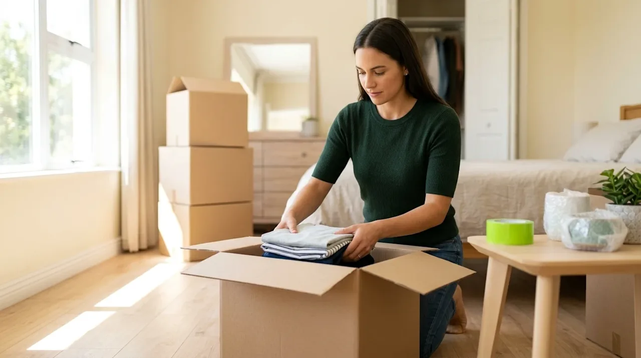 Candid, high-quality lifestyle photography of an organized person expertly packing a bright, airy bedroom for a move. The per