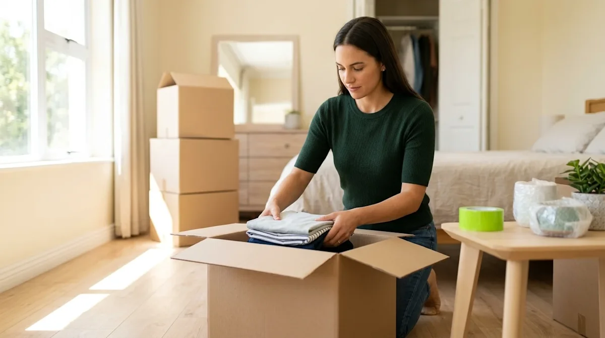 Candid, high-quality lifestyle photography of an organized person expertly packing a bright, airy bedroom for a move. The per