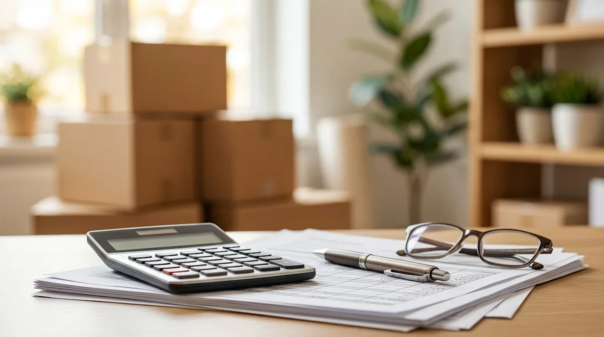Professional editorial photography of a bright, naturally lit home office desk. In the crisp foreground, a sleek modern calcu