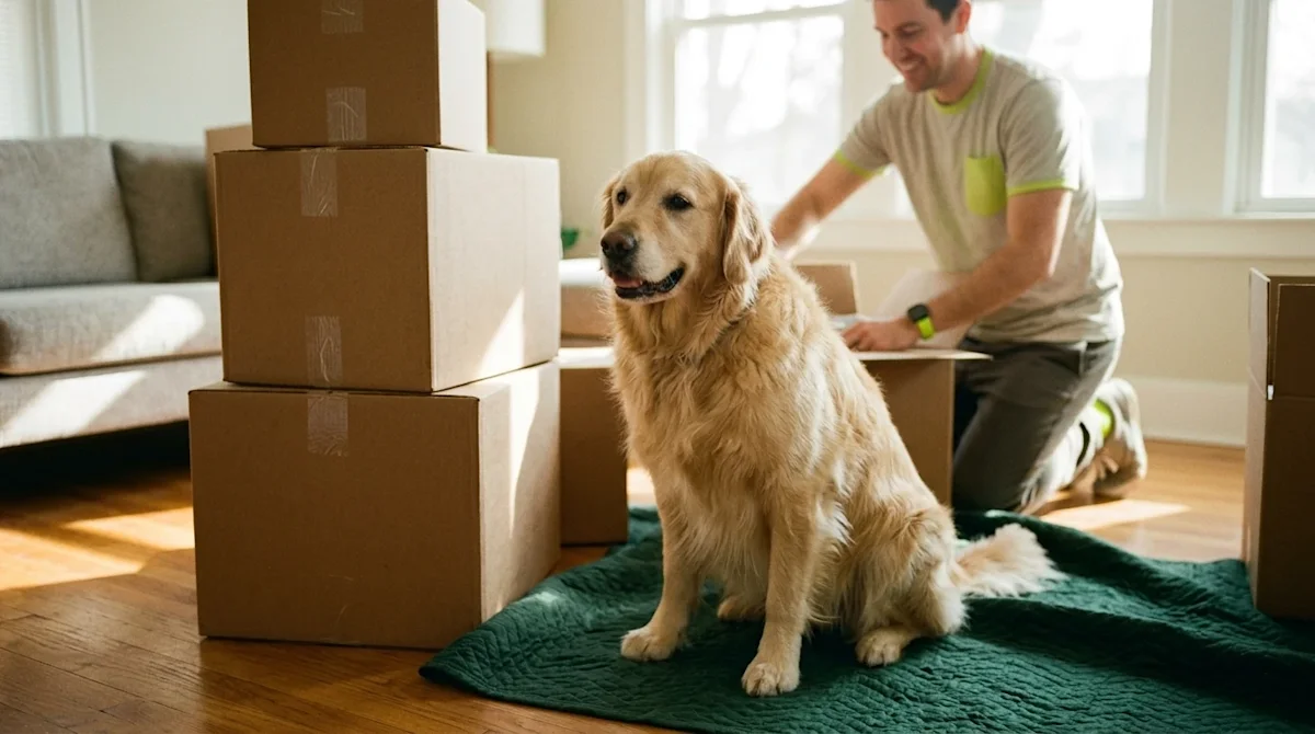 Candid lifestyle photography of a fluffy golden retriever sitting comfortably on a dark forest green moving blanket next to a