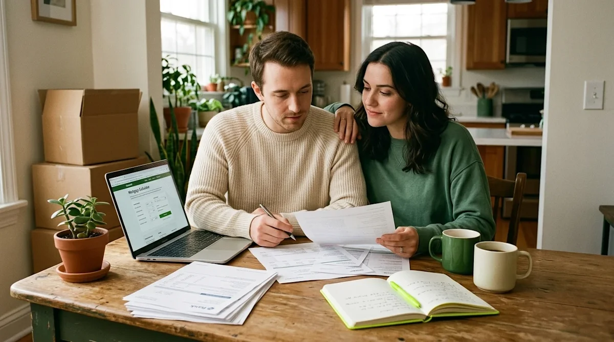 A candid, photorealistic lifestyle photograph of a young couple sitting together at a wooden kitchen table in their cozy home
