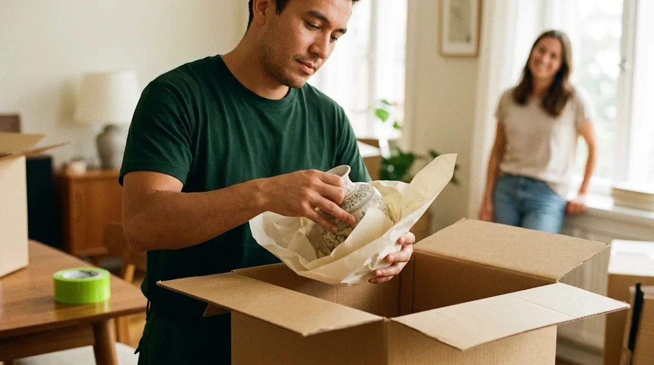 A candid, warm 35mm film photography shot of a professional mover carefully wrapping a delicate ceramic vase with protective