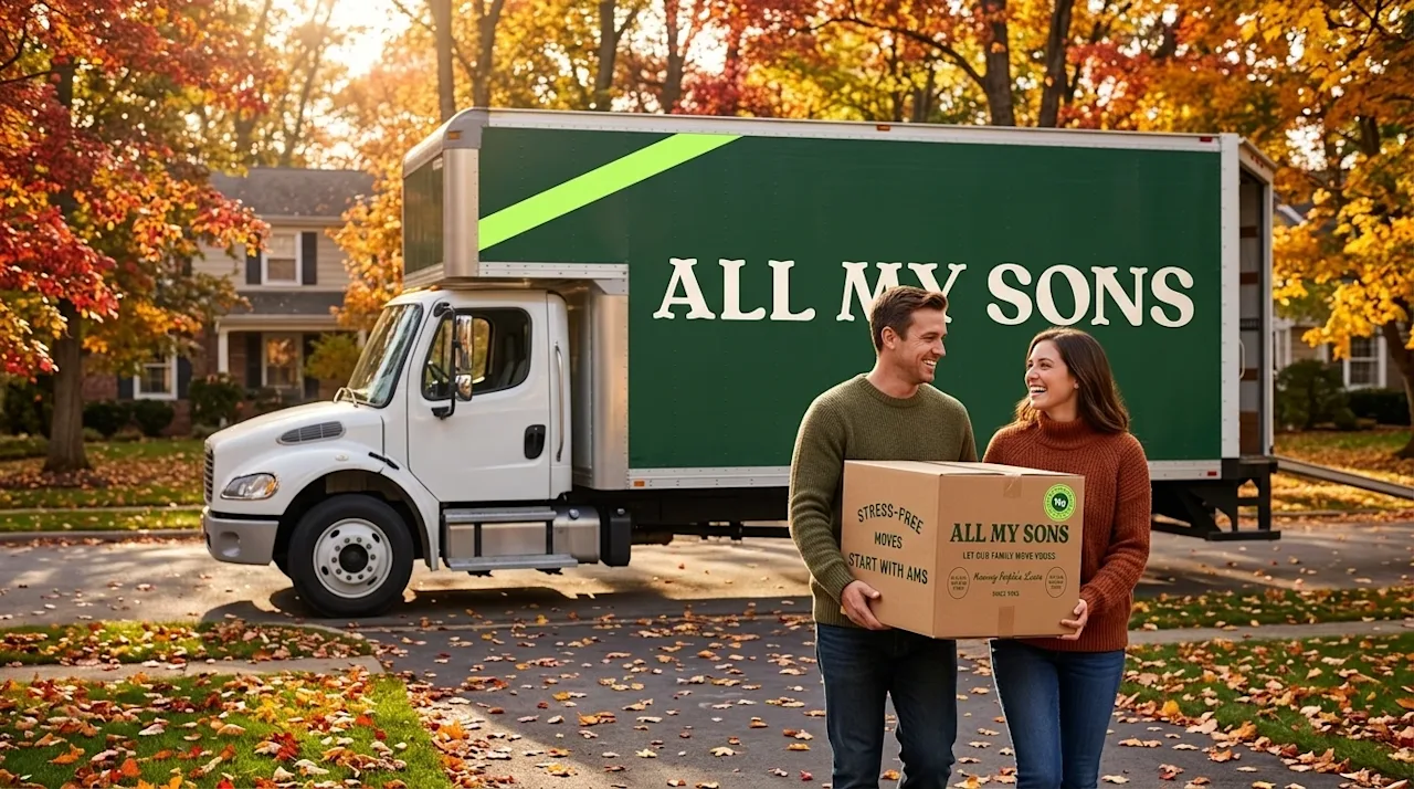 Photorealistic lifestyle photography of a residential move during a crisp, beautiful autumn day. A moving truck is parked in