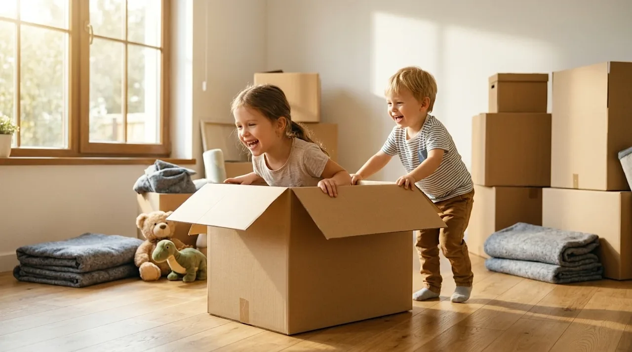 Candid, high-quality photograph for a blog hero image capturing the theme of moving with kids. Two happy, energetic children