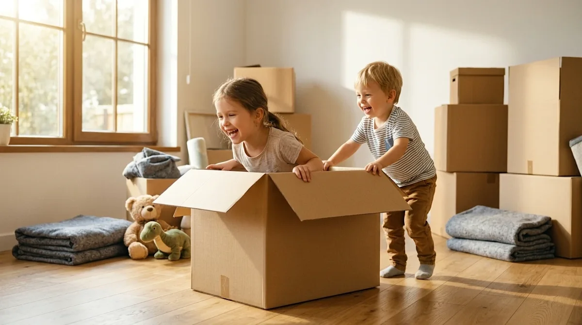 Candid, high-quality photograph for a blog hero image capturing the theme of moving with kids. Two happy, energetic children
