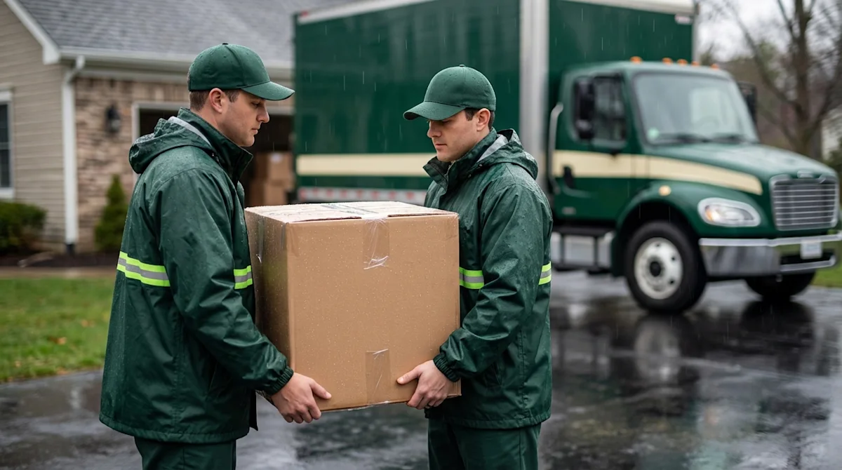 Professional movers in forest green uniforms carrying a box in the rain near a moving truck.