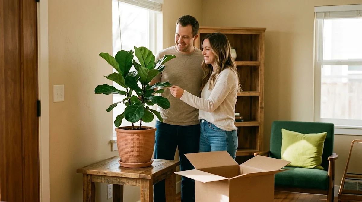 Authentic 35mm film photography of a smiling couple admiring a beautiful new decorative indoor plant they just placed on a ru