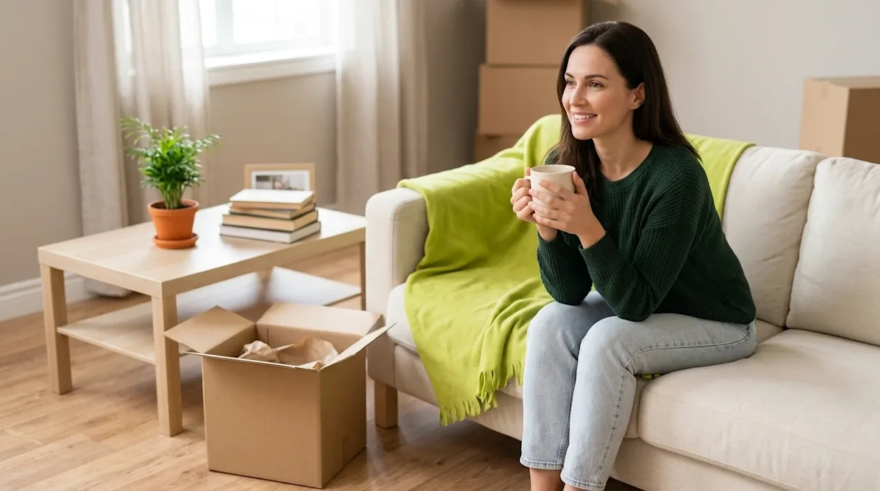 Clear and professional marketing lifestyle photography of a calm, smiling woman in her bright, spacious new living room, peac