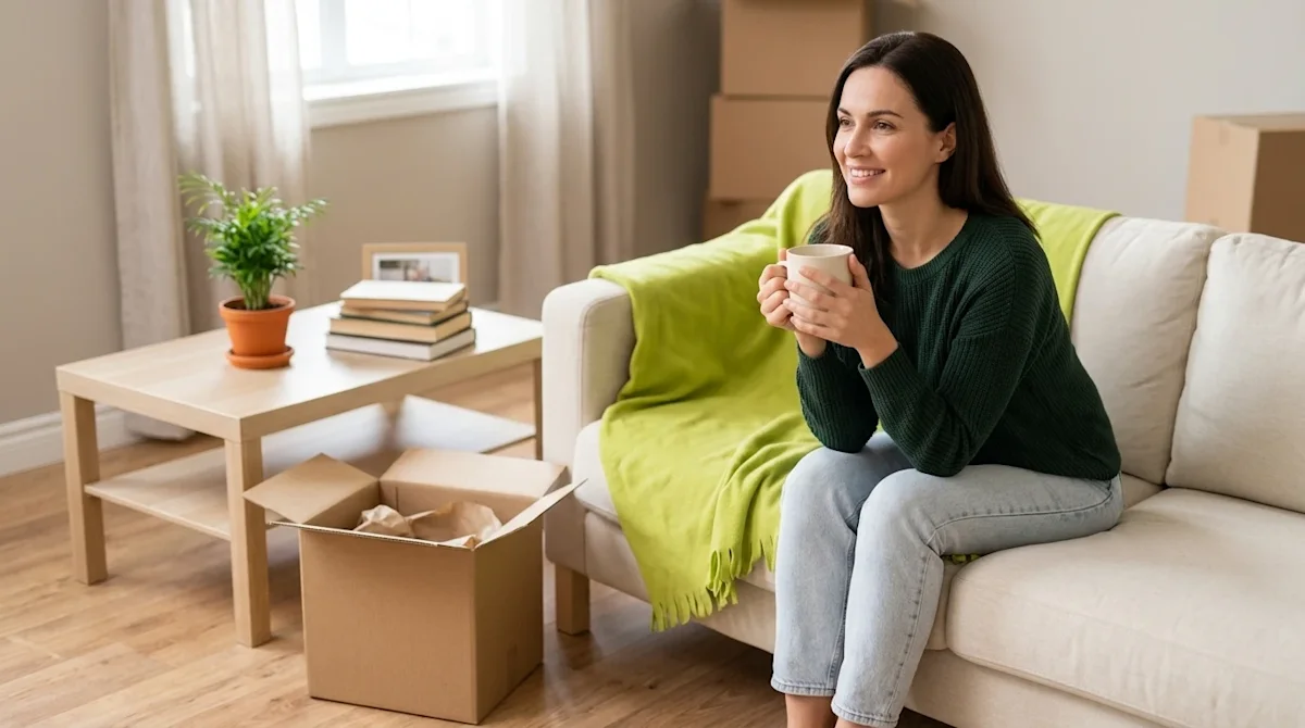 Clear and professional marketing lifestyle photography of a calm, smiling woman in her bright, spacious new living room, peac