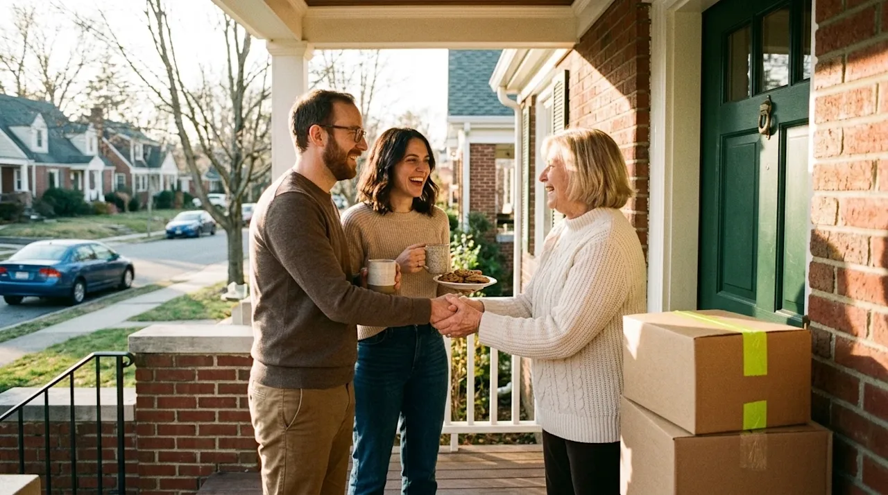Candid, authentic film-style photography of a family making new friends in their new neighborhood. A smiling couple stands on