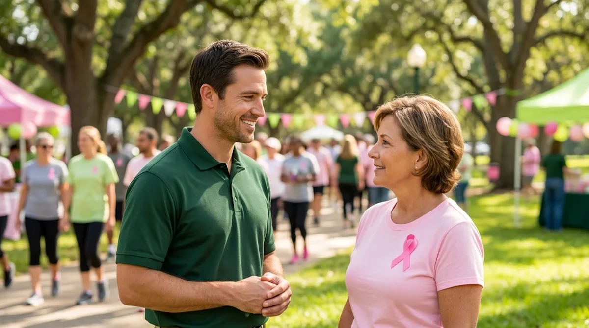 Professional marketing photography of a sunny, uplifting community breast cancer awareness event in a vibrant outdoor park se