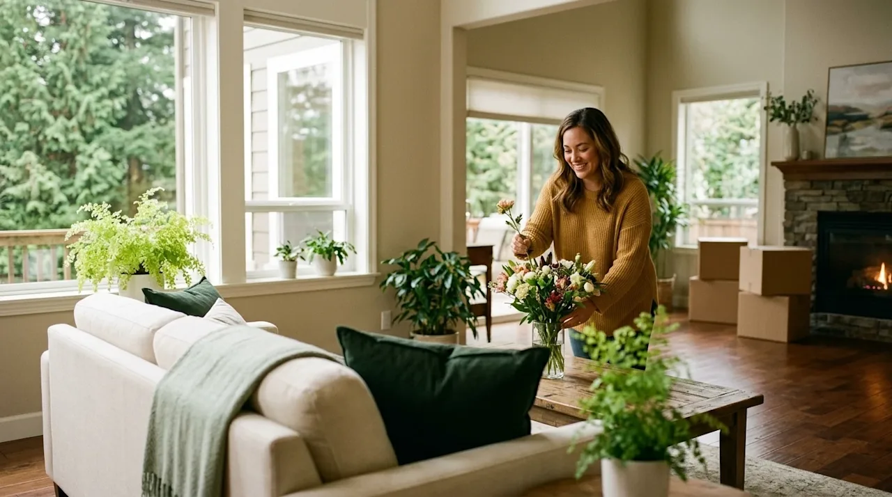 Editorial lifestyle photography, shot on 35mm film, warm ambient lighting, subtle film grain. A beautiful, inviting living ro