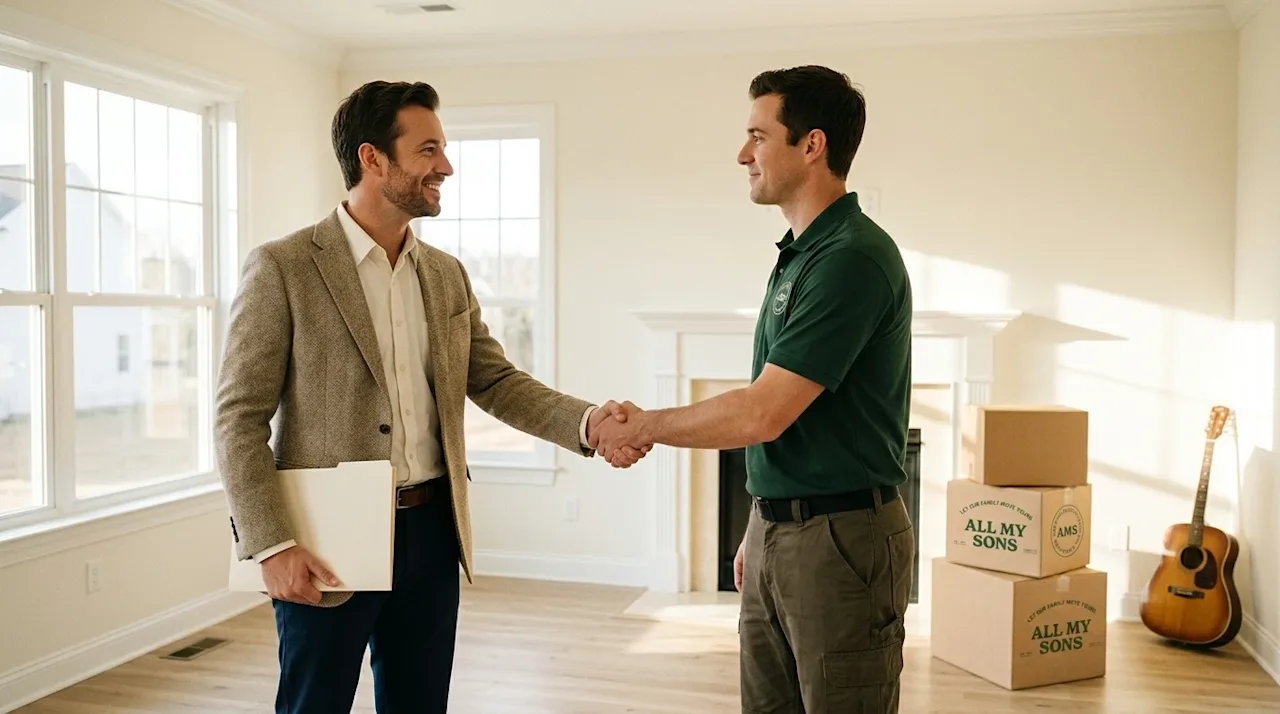 A lifestyle photograph of a professional real estate agent shaking hands with a friendly moving company representative inside