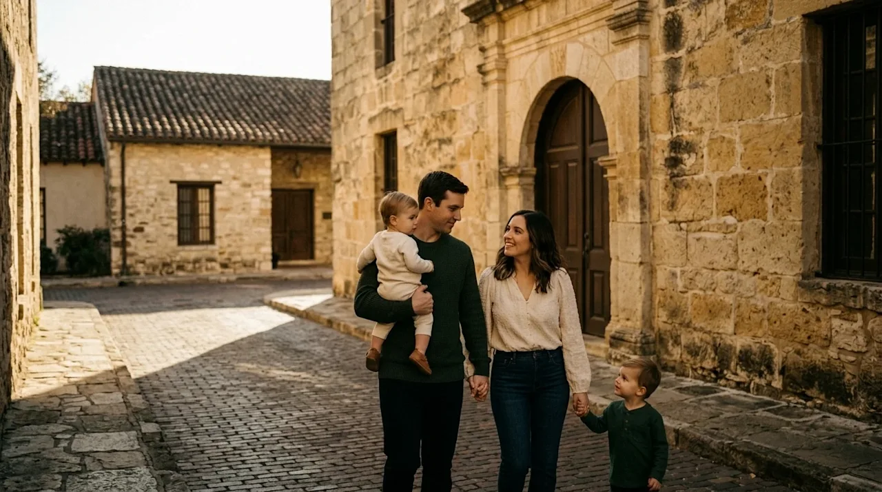 A professional marketing photograph capturing a candid, warm lifestyle moment of a family exploring the historic streets of S