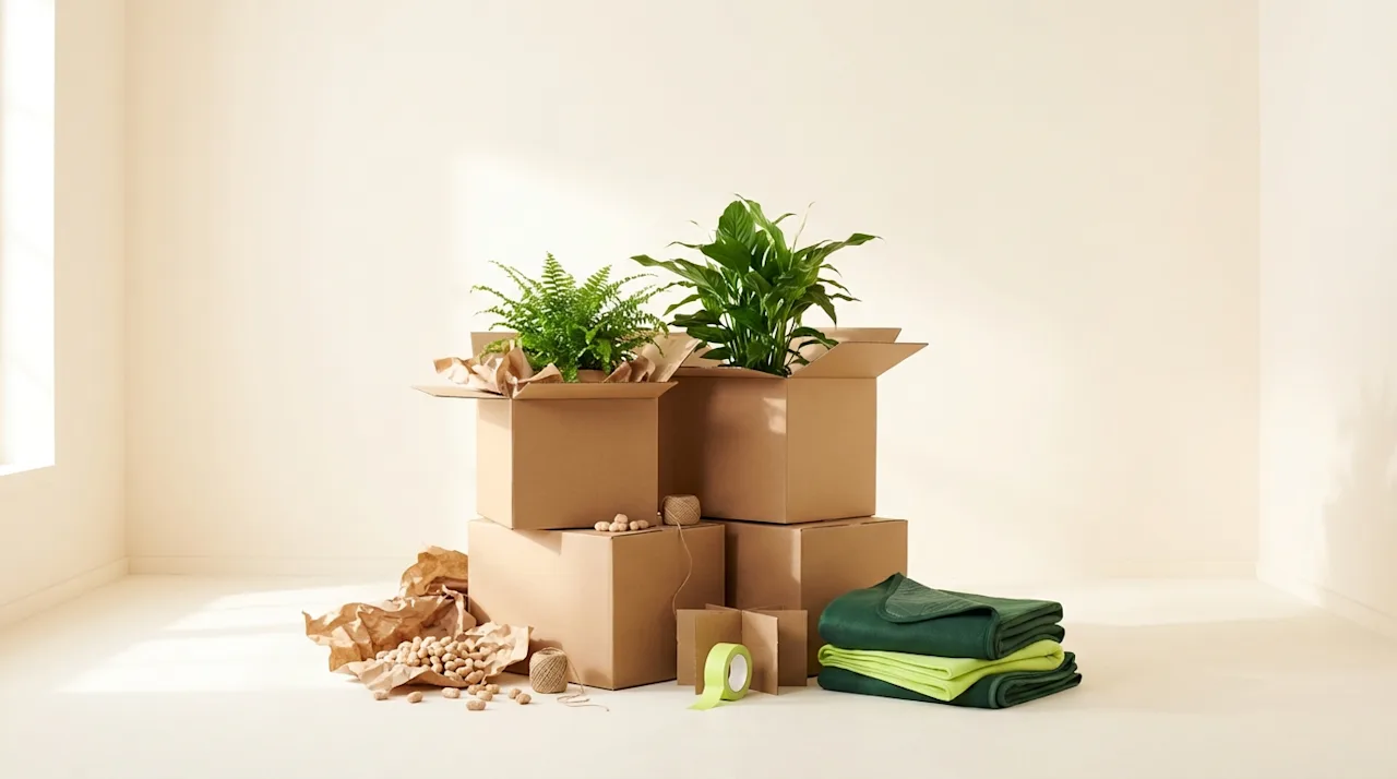 Eco-friendly moving boxes stacked with plants and biodegradable packing materials in a bright sunlit room.