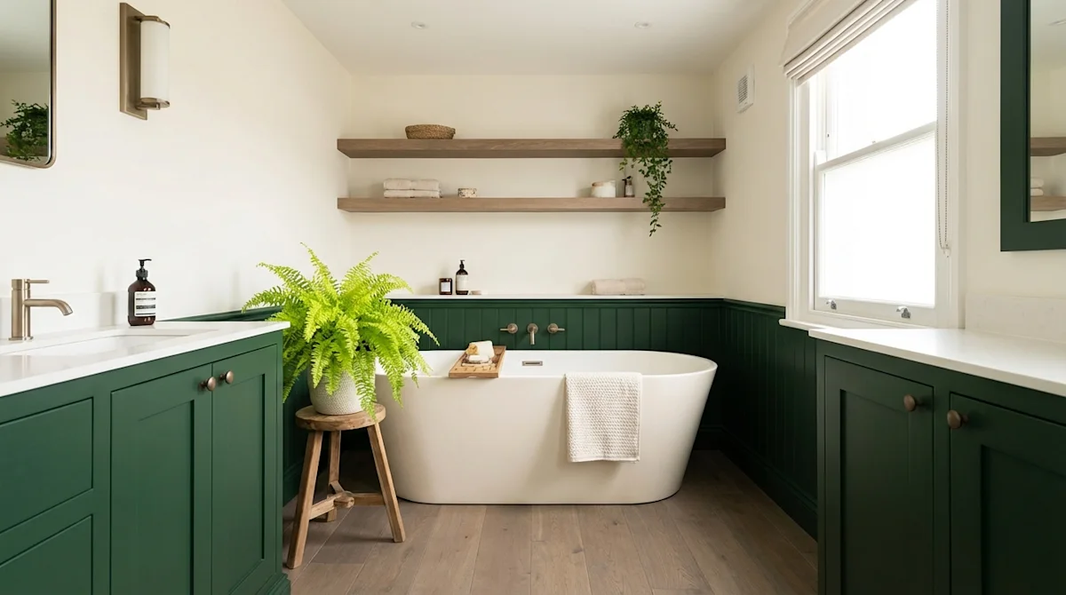 Modern compact bathroom with forest green cabinetry, creamy white walls, freestanding bathtub, and a lush green fern.