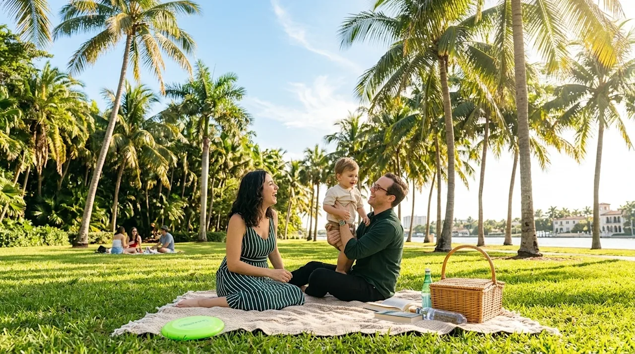 Professional marketing lifestyle photography of a happy family relaxing on a sunny afternoon in a lush, tropical park in West