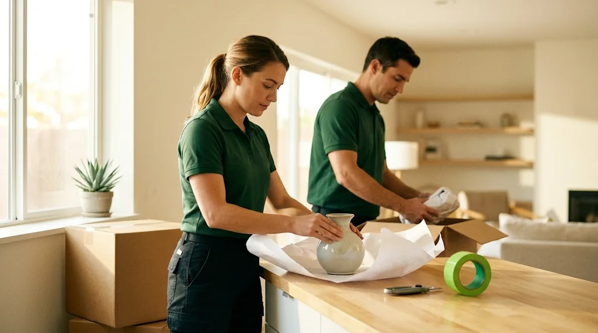 Clear and professional marketing photography of two professional movers expertly packing household items in a sunlit, modern