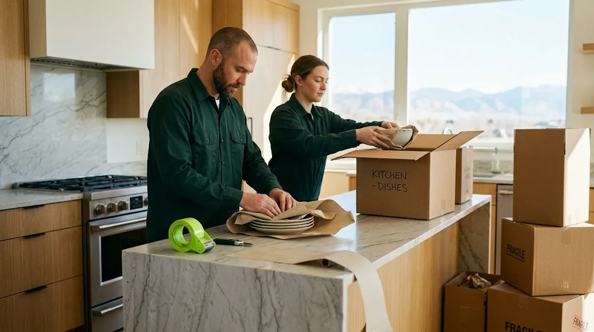 Candid editorial photography of two professional packers working carefully in a bright, modern Denver home. The packers are w
