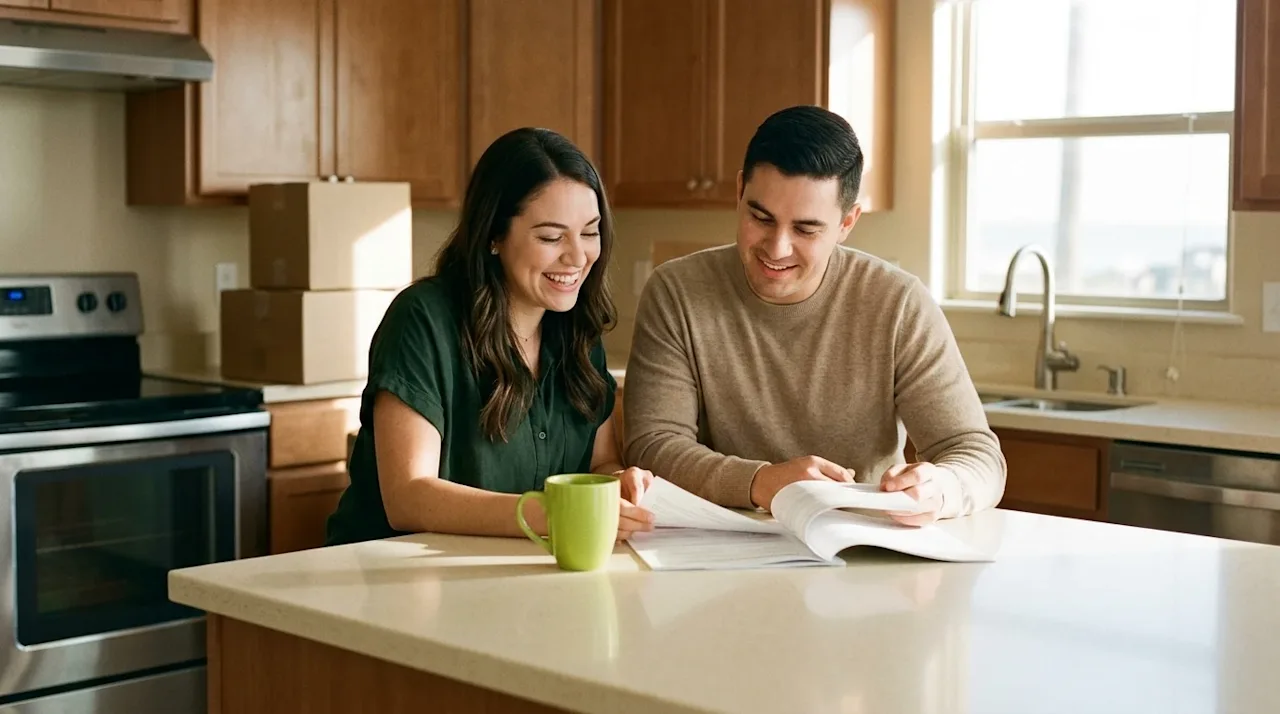 A candid, warm lifestyle photograph of a happy couple sitting at a bright kitchen island in their new home, reviewing mortgag
