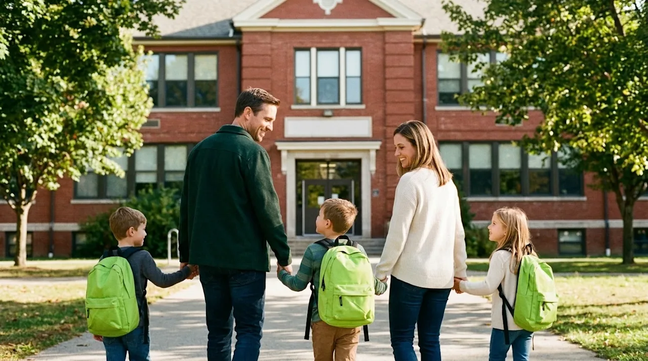A candid, lifestyle photograph shot on 35mm film of a happy family walking together towards a welcoming, classic red-brick pu