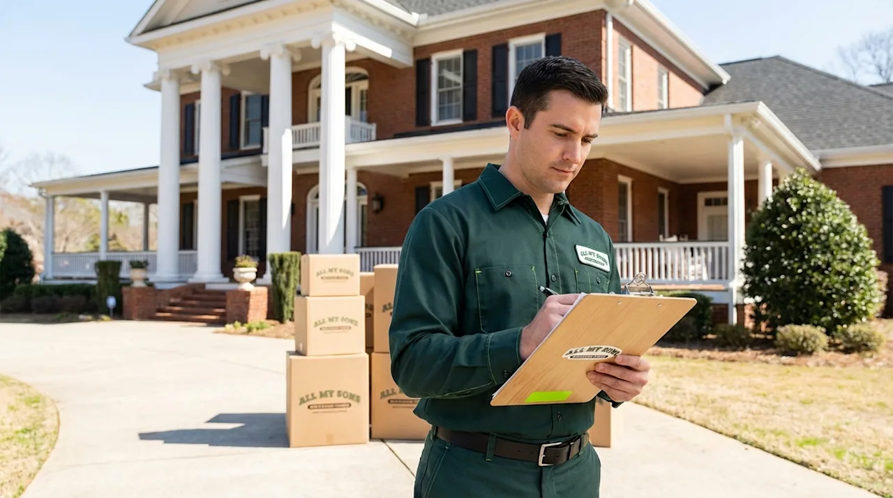 All My Sons moving professional in dark green uniform reviewing a clipboard in a sunny residential driveway.