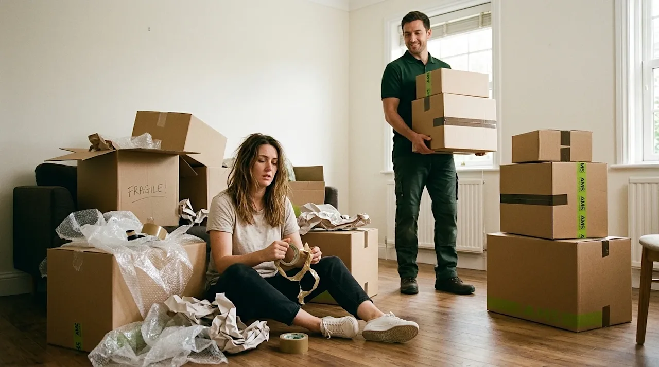 A candid, authentic lifestyle photograph capturing the difference between DIY moving and professional help. In the foreground